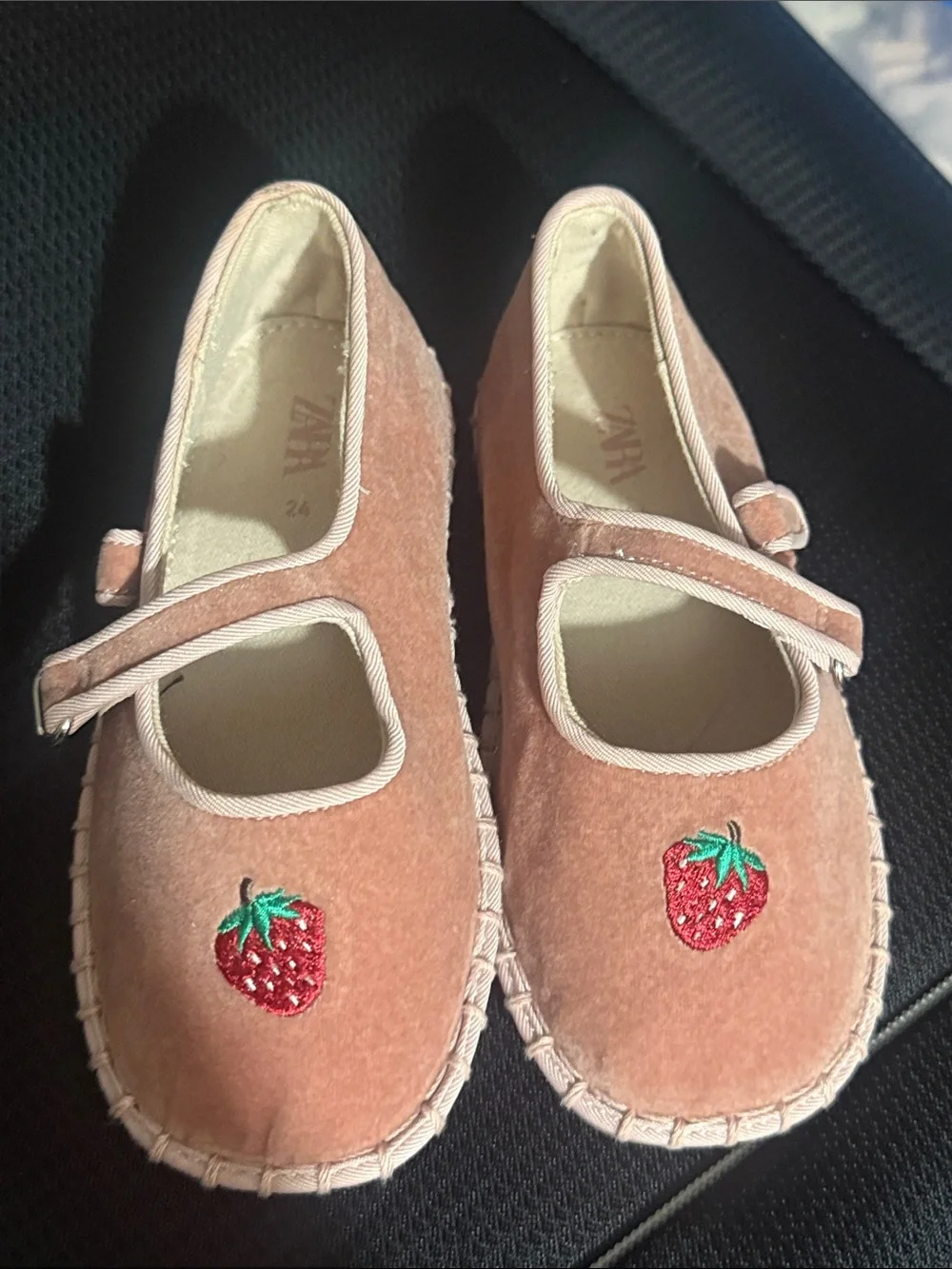 Zara Peach Pink Mary Jane Shoes with Strawberry Embroidery